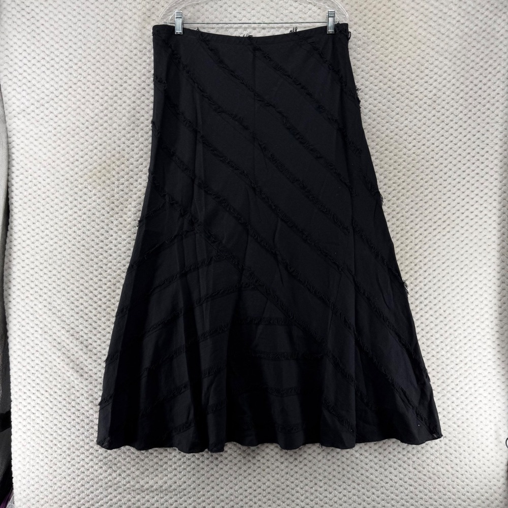 Maakif Black Linen Cotton Blend Fringe Detail‎ Midi Skirt Women's Size 16